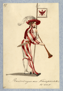 32761 Afbeelding van een kostuumontwerp van een banierdrager van de scheidsrechters van het toernooi, figurant in de ...